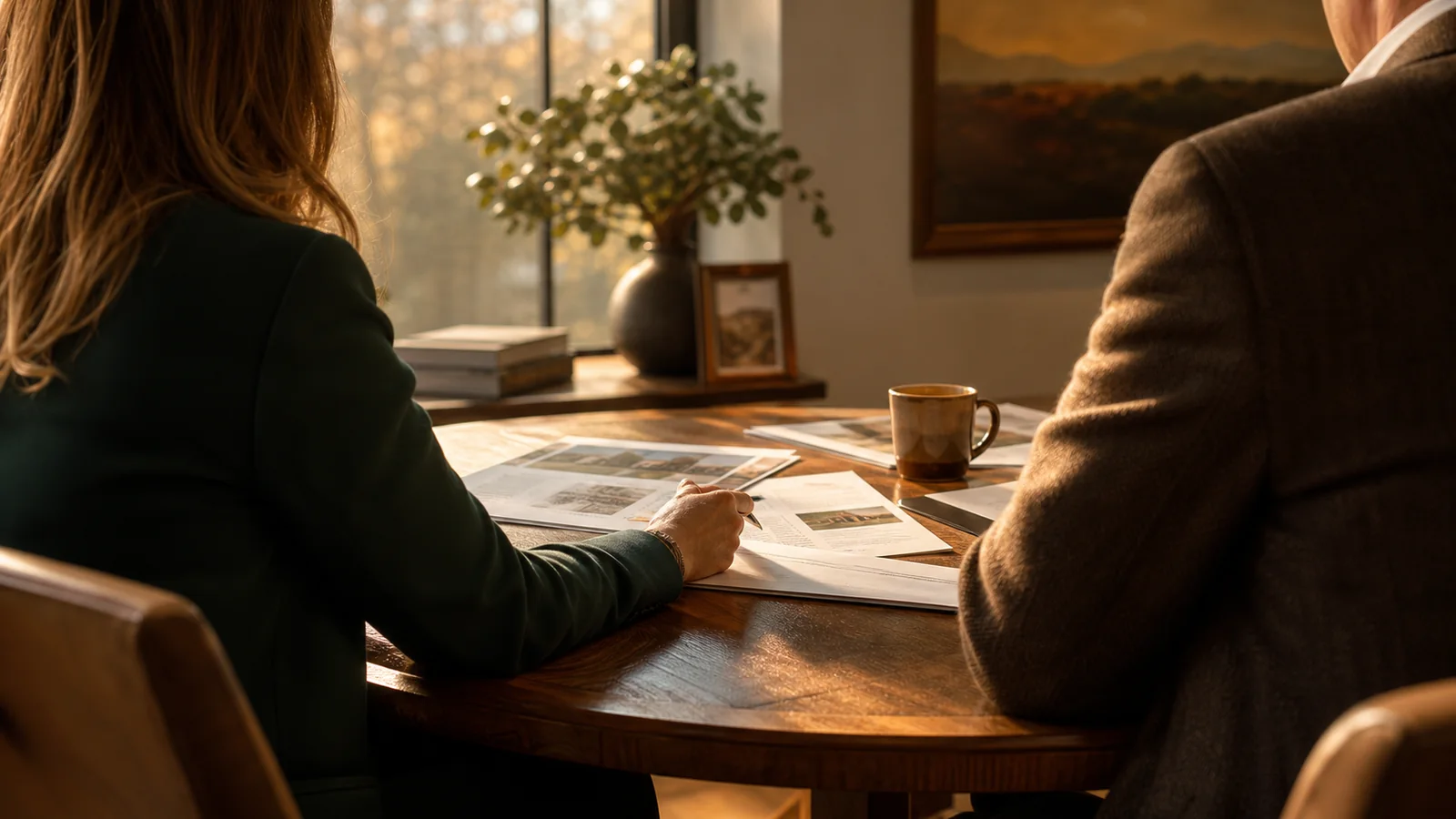 Warm afternoon consultation at a wooden table, soft natural light