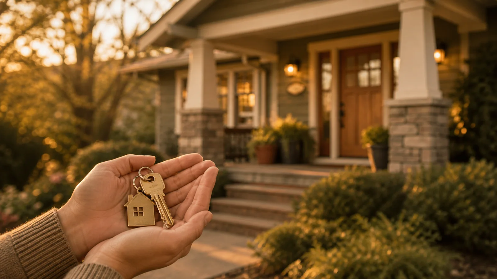 A pair of hands holding new house keys in front of a warmly lit porch entrance