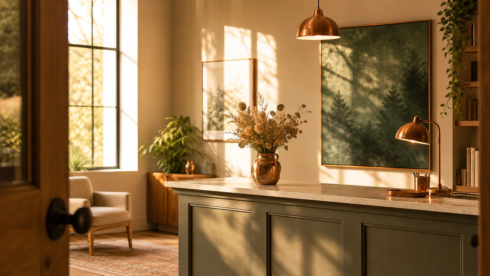 Warm, welcoming real estate office reception with natural sunlight