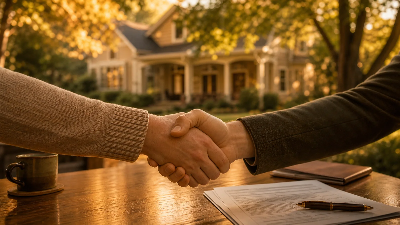 A warm handshake with contract documents on a wooden table and a Georgia home softly blurred in the background