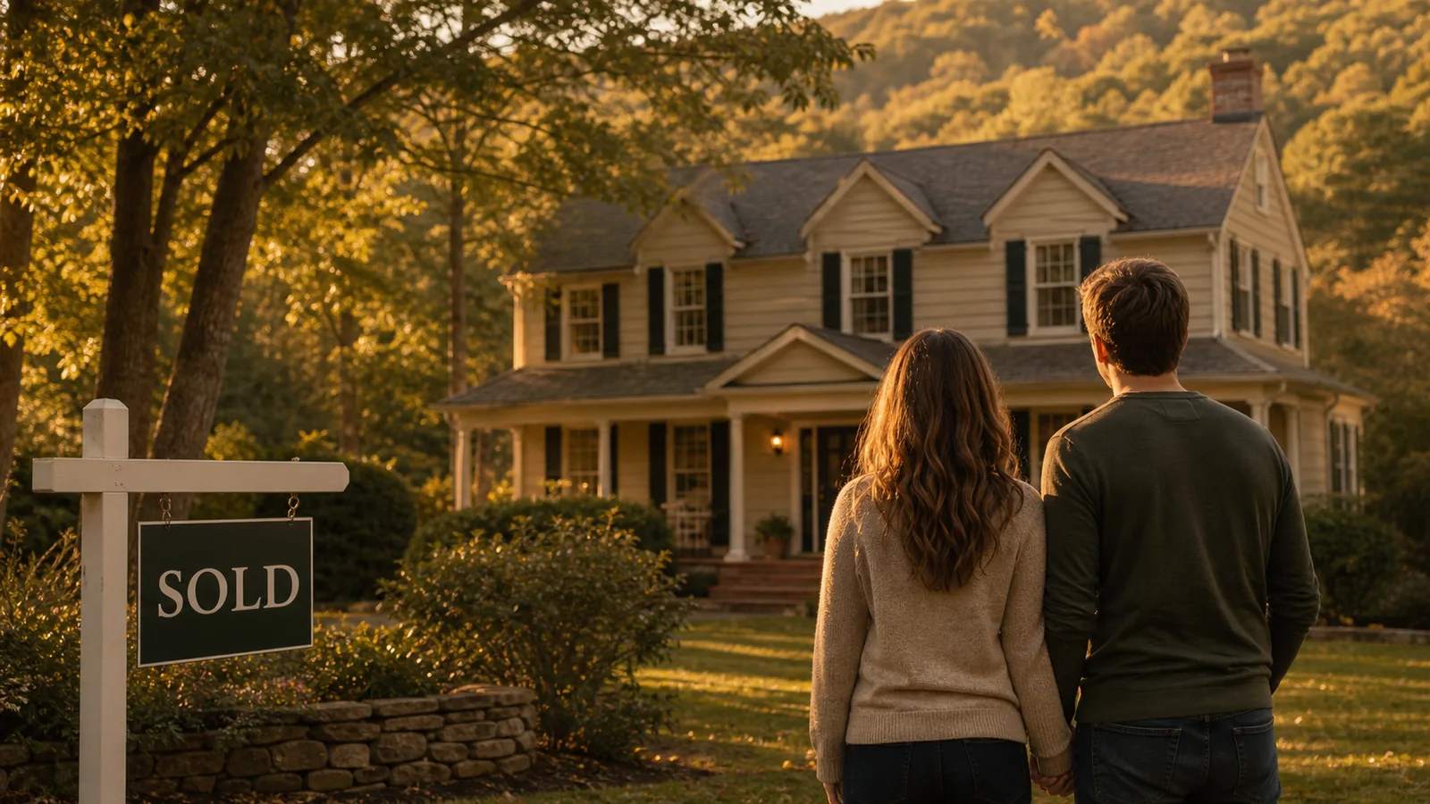 A couple seen from behind looking at a sold Georgia home in golden afternoon light