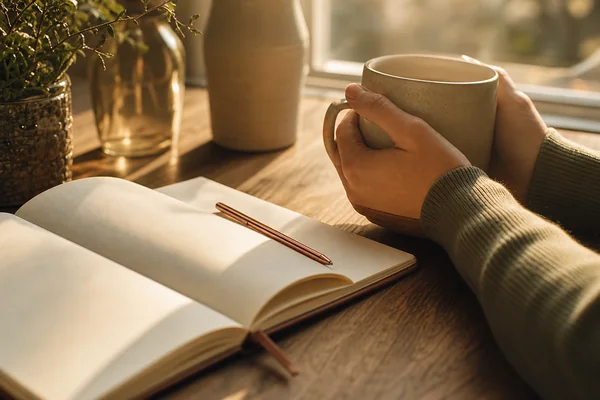 Hands holding a coffee cup beside an open notebook in warm sunlight
