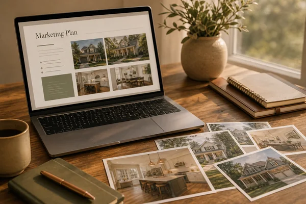 A real estate marketing plan with printed home photographs on a wooden desk in natural light