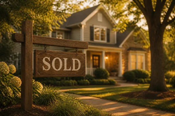 A wooden 'SOLD' sign in front of a softly blurred Georgia home at golden hour
