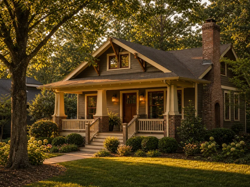 Craftsman bungalow with covered front porch and exposed beams