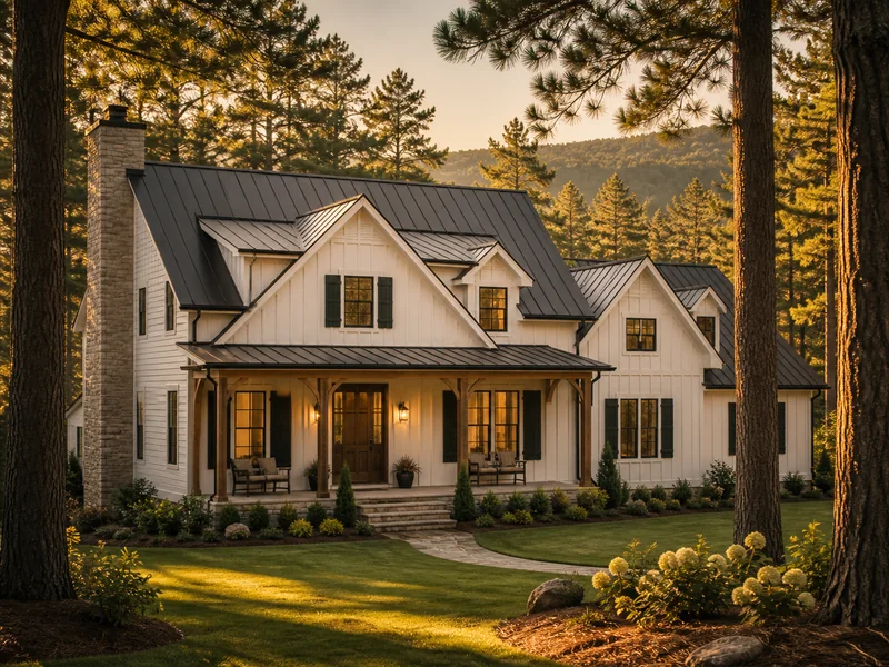 Modern farmhouse with board-and-batten siding and a black metal roof